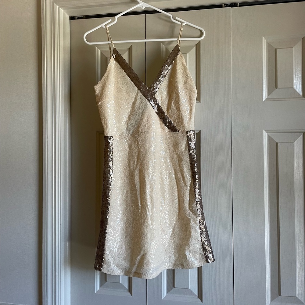 White and Gold Sequined Cocktail Dress